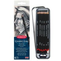 Набор карандашей угольных 6шт. с точилкой Derwent Charcoal, мет.пенал