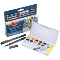 Набор красок акварель Line and Wash, кюветы, 12цв., (+ручки, кисть, пласт.коробка, Derwent
