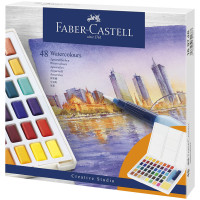Акварель художественная Faber-Castell `Watercolours`, 48цв., кюветы, + кисть `Water Brush`+ съемная палитра, пластиковая упаковка