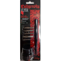 Набор для каллиграфии Flyer, 6 предметов (деревянный держатель + 5 перьев + черные чернила 15 мл)